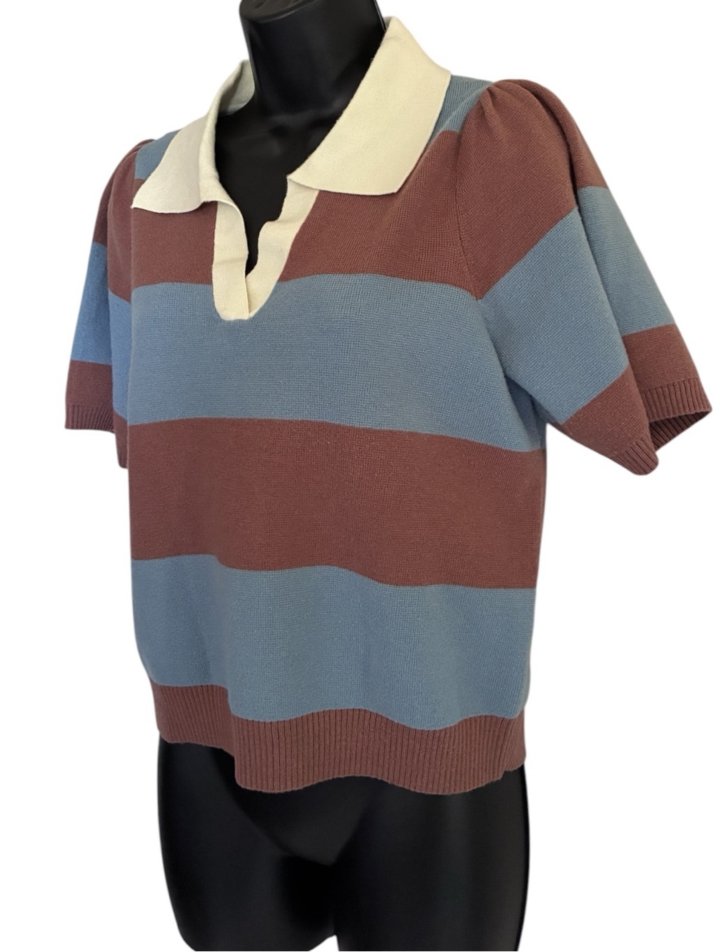 Lucky Brand Grannycore Striped Cropped Polo Sweater Brown Light Blue Cream Sz S - Picture 2 of 9